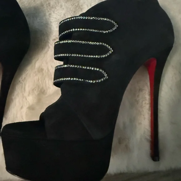 Christian Louboutin Black Heeled Boots with Rhinestone Accents - Picture 4 of 8